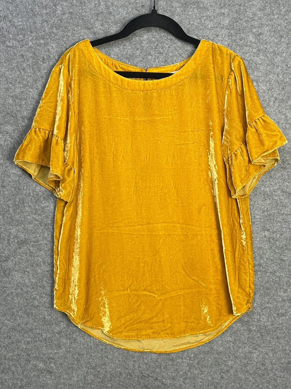 Loft Oversized XS Mustard Velvet Ruffle Sleeve Keyhole Top Cottagecore Festive